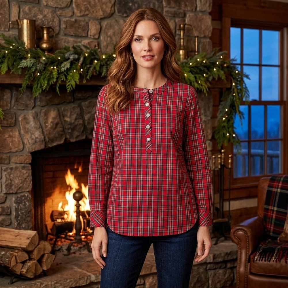 Talbots Red Plaid Rhinestone Button Tunic Blouse Womens Medium Holiday Tartan